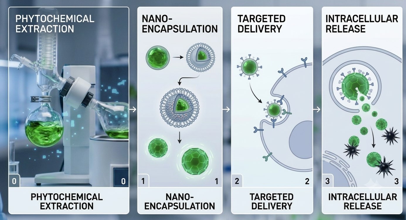Four-step nanotherapeutic process: phytochemical extraction, nano-encapsulation, targeted delivery, intracellular release