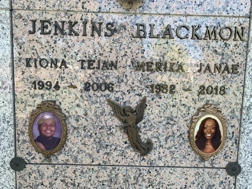 Family memorial with the names and portraits of Kiona and Merika